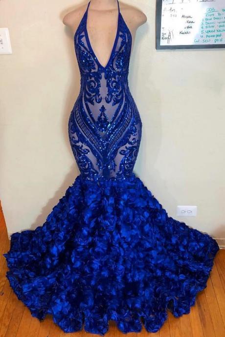 P3650 Mermaid Prom Dresses 2020, Royal Blue Evening Dresses, Hand Made Flowers Prom Dress, Prom Dresses, Arabic Evening Dress, Lace Prom Dress,