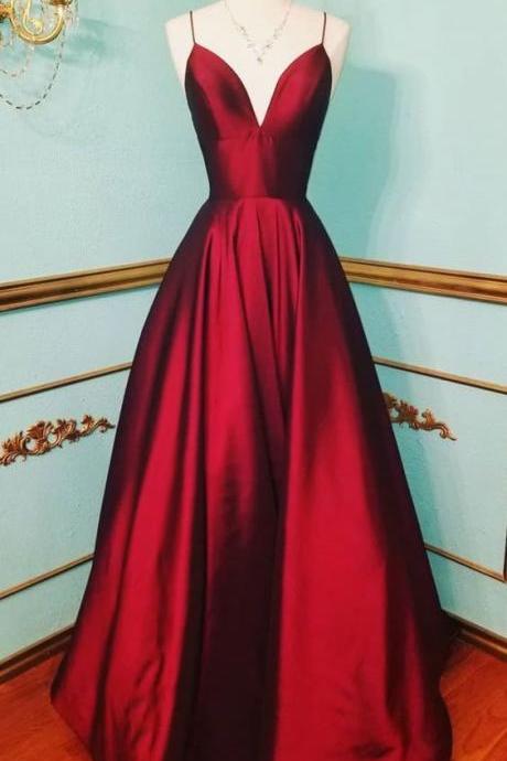 P3651 A Line V Neck Dark Red Long Prom Dresses, Simple Prom Dresses
