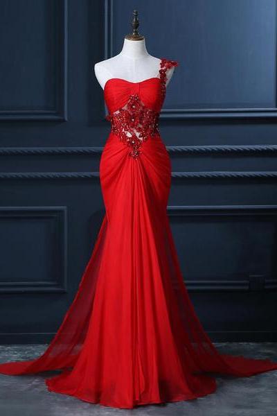 P3652 One Shoulder Prom Dress with Beaded Flowers, Unique Red Prom Gowns, Mermaid Chiffon Prom Dress with Cut-out,