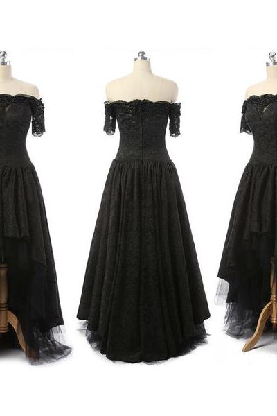P3653 Off-the-shoulder High Low Prom Dresses, Asymmetrical Gothic Black Wedding Dresses, Short Sleeve Lace Prom Dress