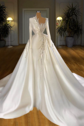 W3657 Luxury Satin Pearls Wedding Dress Dubai Women 2021 Mermaid Beaded Long Sleeves With Puffy Train African Bridal Gowns Plus Size