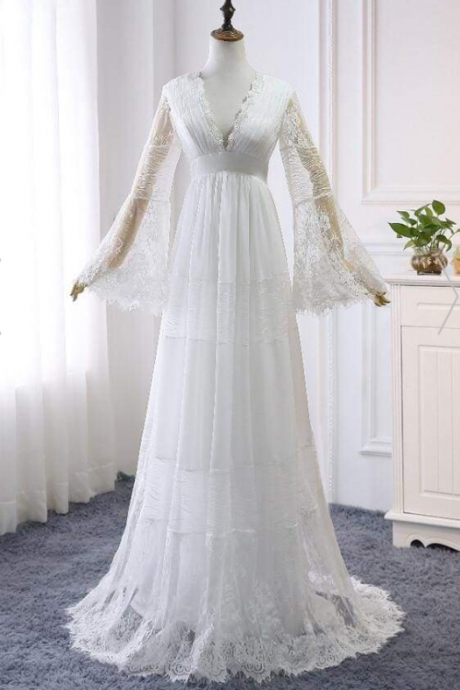 W3661 Empire Waist Long Sleeve Lace Tulle Wedding Dress