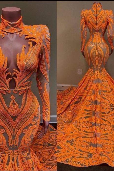 P3666 Luxury lace applique evening dresses long sleeve high neck modest sparkly elegant orange formal wear vestido de fiesta 2021
