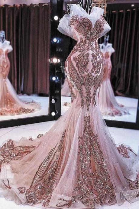 P3667 Rose Gold Evening Dresses Long Mermaid Modest Sparkly Sequin Applique Elegant Evening Gown Abendkleider 2021