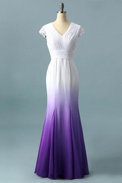 W3669 Real Photos White Purple Ombre Wedding Gowns Lace Appliques Modest Bridal Dresses Open Back Cap Sleeve Bride Dress