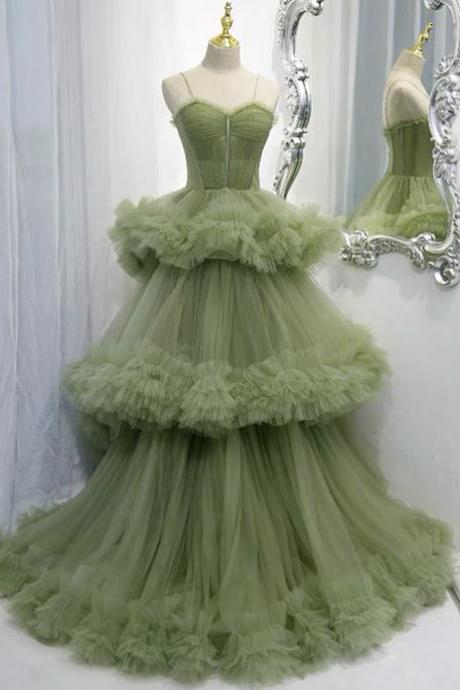 P3672 Green Tulle Long A Line Prom Dress Green Evening Dress