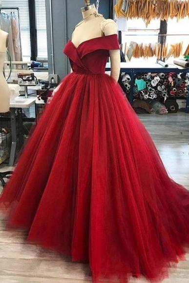 P3674 Red Off Shoulder Long Prom Dress, Red Evening Dress