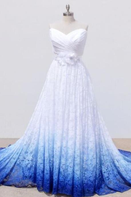 W3675 Beach Wedding Dresses Sweetheart Lace Applique Blue Ombre Garden Bridal Wedding Dress,