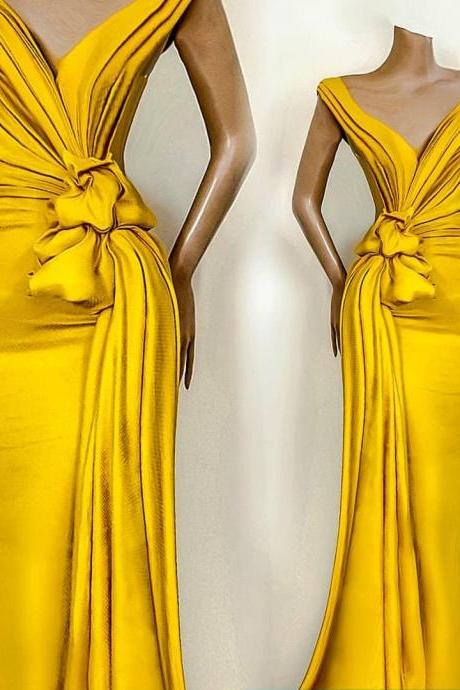 P3676 Yellow Prom Dresses, Gold Prom Dresses, Pleats Prom Dresses, Sashes Prom Dresses, Pleats Prom Dresses, 2021 Prom Dresses, Evening Gowns,