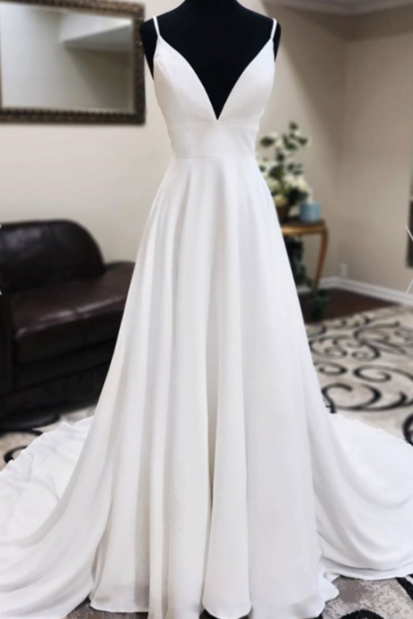 P3677 White Tulle V neck Long Dress White Long Prom Dress, Formal Dress