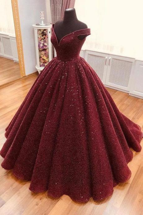 P3680 Ball Gown Off The Shoulder Burgundy Sequins Prom Dresses