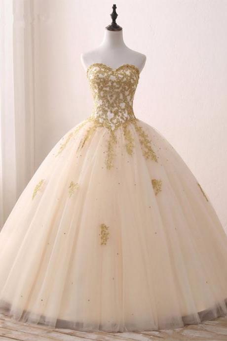 P3683 Sleeveless Ball Gown Prom Dress With Gold Appliques