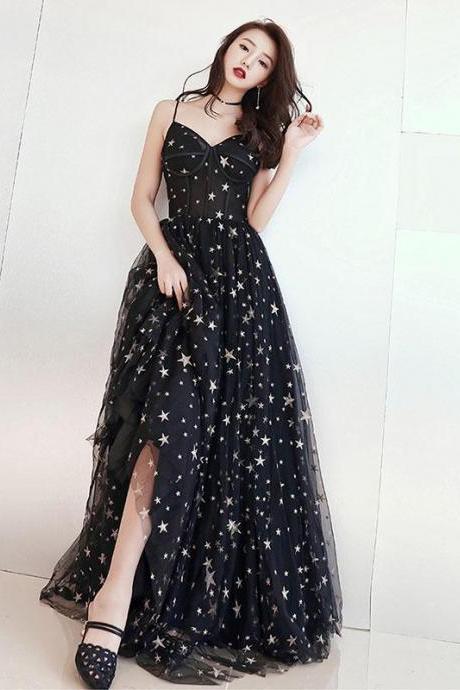 P3686 Black V Neck Tulle Long Prom Dress, Black Evening Dress