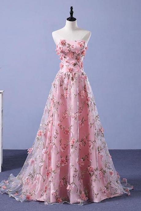 P3687 Pink Tulle 3d Flowers Long Prom Dress, Pink Evening Dress