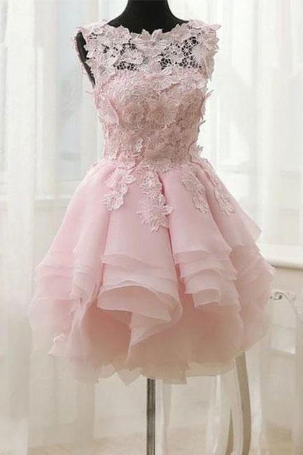 H3695 Pink Lace Short Prom Dress, Pink Homecoming Dress