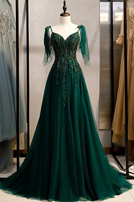 P3697 Emerald Green Spaghetti Straps Prom Dress Shinny Prom Dress Ball Gown A-Line Wedding Dress Fairy Prom Gown Banquet Dress Formal Party Dress,