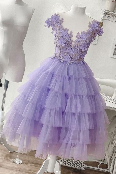 H3699 Purple tulle short prom dress, purple evening dress