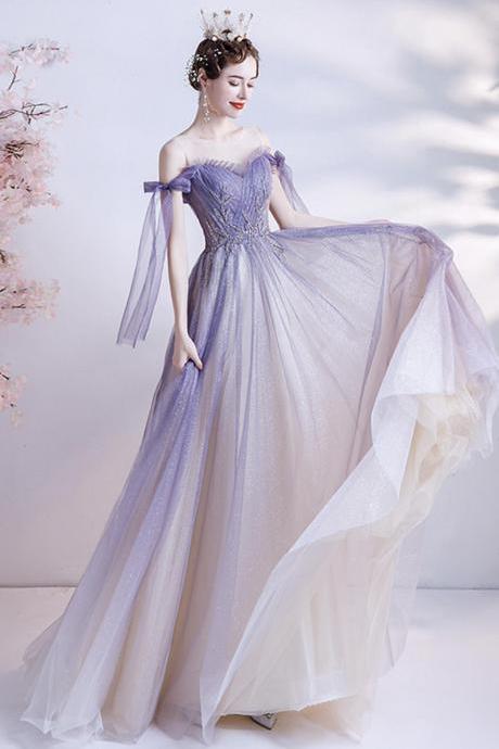 P3701 Purple Tulle Long A Line Prom Dress Evening Dress