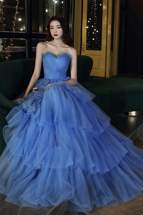 P3702 Blue tulle long prom dress blue evening dress