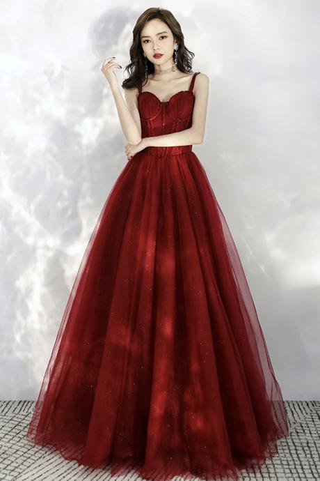 P3704 Burgundy Tulle Long A Line Prom Dress Evening Dress