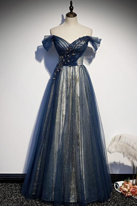 P3705 Blue Tulle Long Prom Dress Off Shoulder Evening Dress