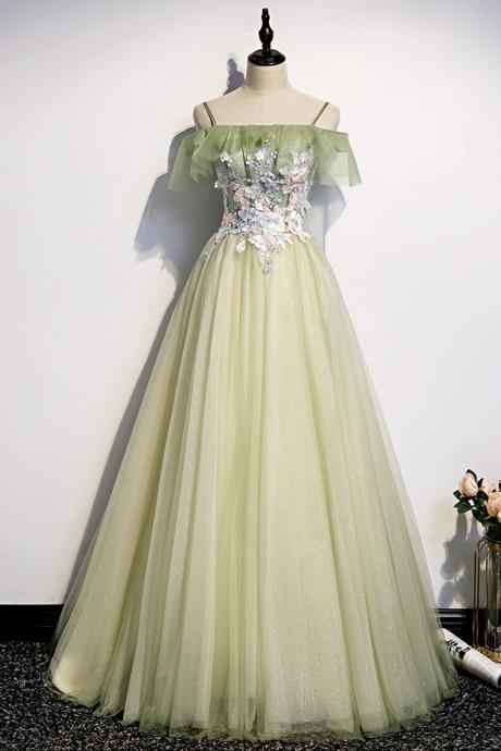 P3706 Green Tulle Lace Long A Line Prom Dress Evening Dress
