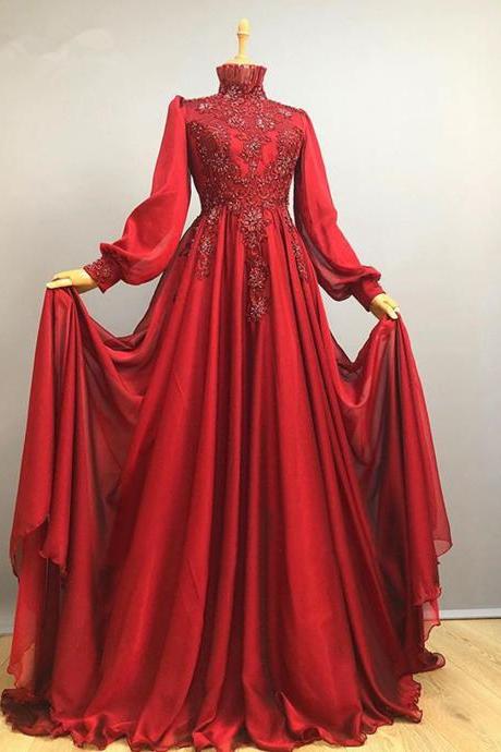 P3718 High Neck Red Muslim Women Evening Dresses With Long Sleeve Beaded Appliques High Neck Formal Dress Custom Made