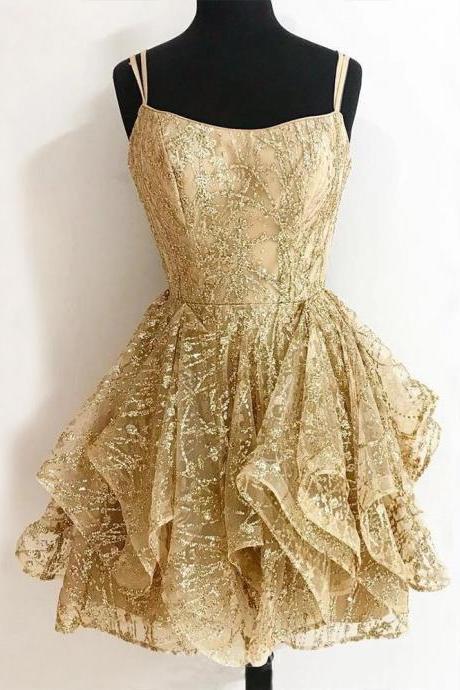 H3722 Short Light Golden Homecoming Dress Sexy Spaghetti Strap A Line Shiny Lace Short Party Dresses
