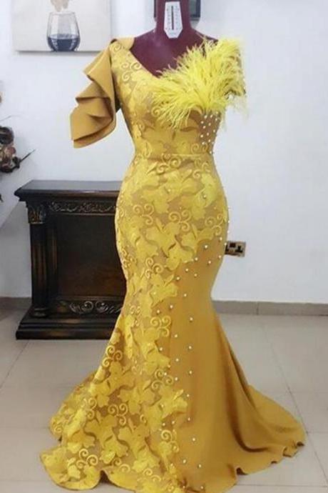 P3724 2022 New Yellow African Prom Dress Sexy Mermaid Lace Evening Dress Vestidos De Festa Feather Formal Party Dress