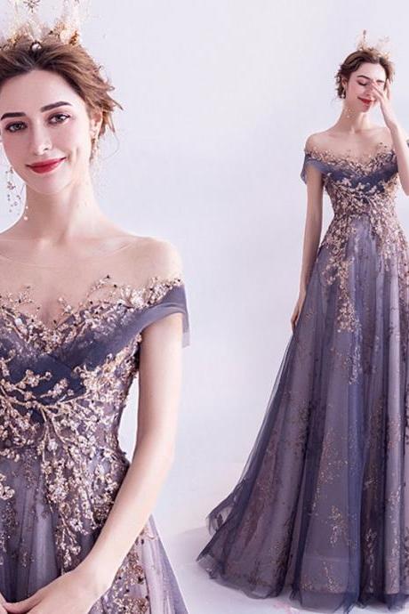 P3732 Royal Purple Evening Dress For Women Sparkle Formal Gown Sheer Top Prom Dress Cap Sleeve Beaded Wedding Gown Boho Tulle Bridal Dress A-line