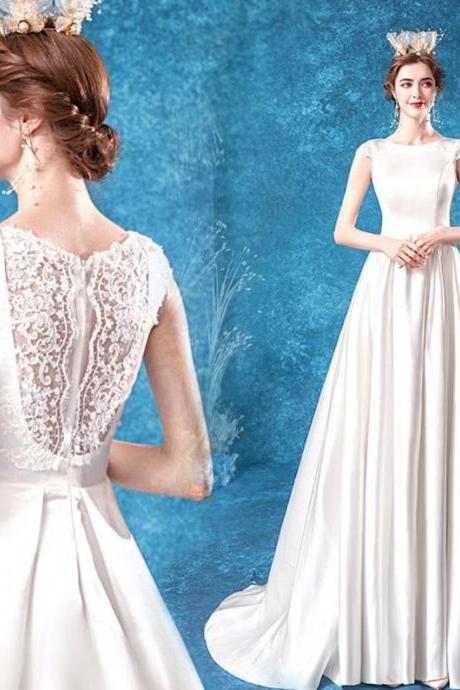 W3734 Royal Wedding Dress Satin Wedding Gown Lace Cap Sleeve Bridal Gown Aline Bridal Dress Sheer Lace Back Bride Dress Satin Bridal Dress Zipper
