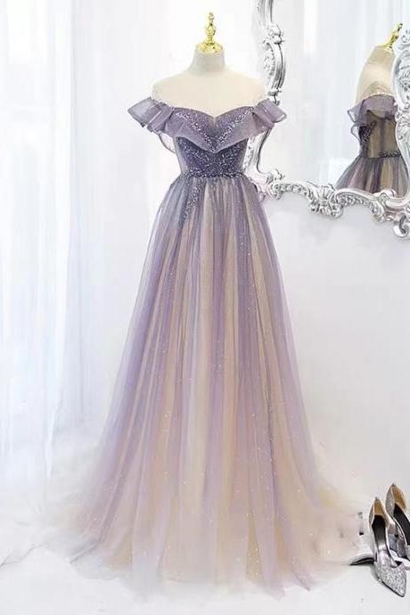 P3741 Heavy Nail Bead, Gradient Color Off Shoulder Tulle Dress, Purple Long Prom Dress,custom Made