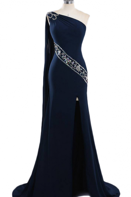 P3742 Elegant Long Navy Blue Bridesmaids Dresses Sexy One Shoulder Chiffon Evening Dresses Real Photo Women Party Dresses Formal Prom Gowns
