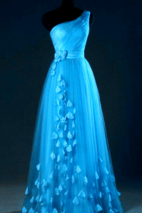P3743 Blue One Shoulder Tulle Party Dress With Floral Detail, Elegant Evening Dress, Wedding Party Dresses