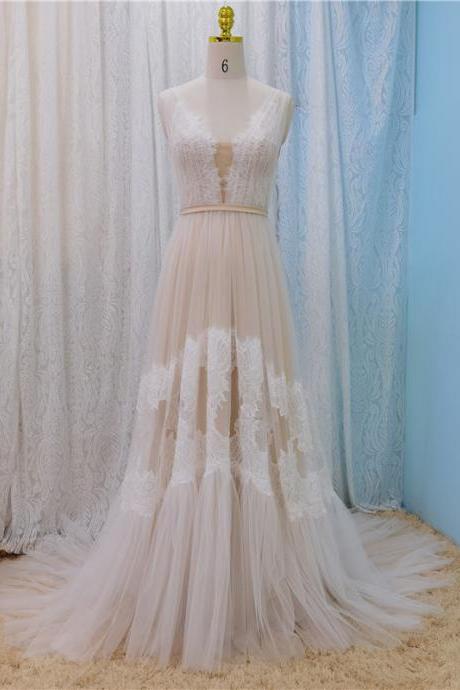 W3755 Boho Beach Wedding Dress 2022 Sexy Illusory Lace Tulle V Neck Backless Bohemia Bridal Gowns