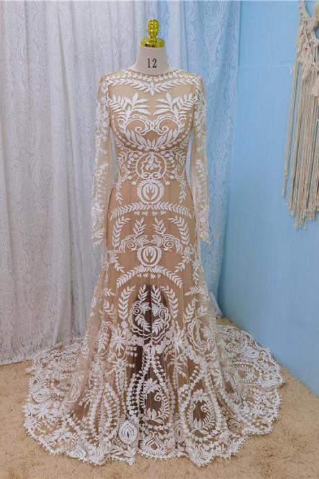 W3757 Boho Wedding Dress Chic Lace Long Sleeve Beach Wedding Gowns Vintage Two pieces Wedding Dresses