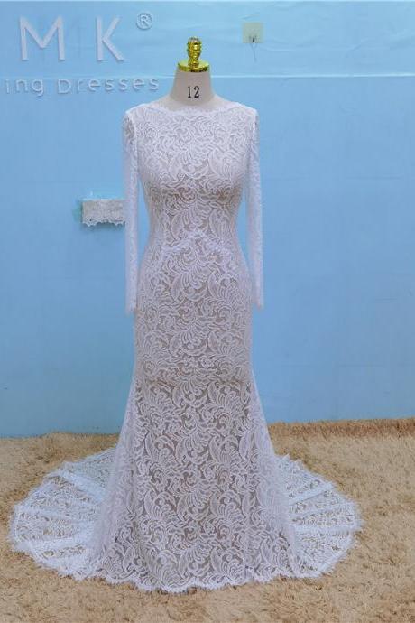 W3760 Lace Long Sleeve Mermiad Wedding Dress 2022 Vintage Boho Sexy Open Back Chic Bridal Gowns