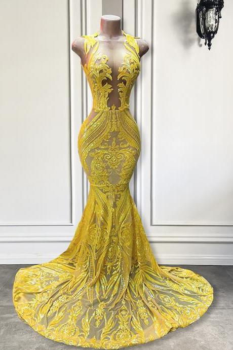 P3766 Real Long Elegant Prom Dresses 2022 Fitted Sheer O-neck Mermaid Sparkly Sequin Yellow African Black Girls Prom Gala Gowns