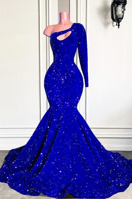 P3768 Long Sparkly Prom Dress 2022 One Shoulder Royal Blue Sequin Mermaid Style Black Girls Prom Party Gowns Real Picture