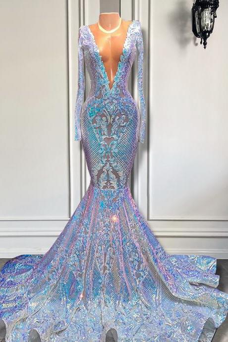 P3769 New Arrival Long Prom Dresses 2022 Sheer O-neck Sparkly Long Sleeve Sexy Mermaid African Black Girls Brithday Prom Gowns