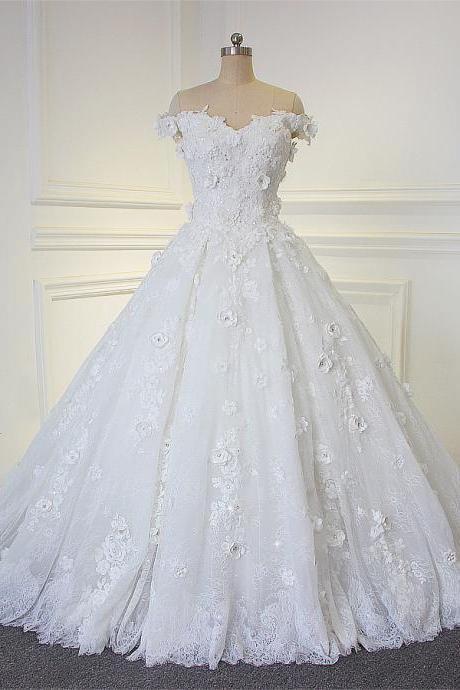 W3775 Off-the-shoulder Sweetheart Floral Ball Gown Wedding Dress with Lace Appliqués