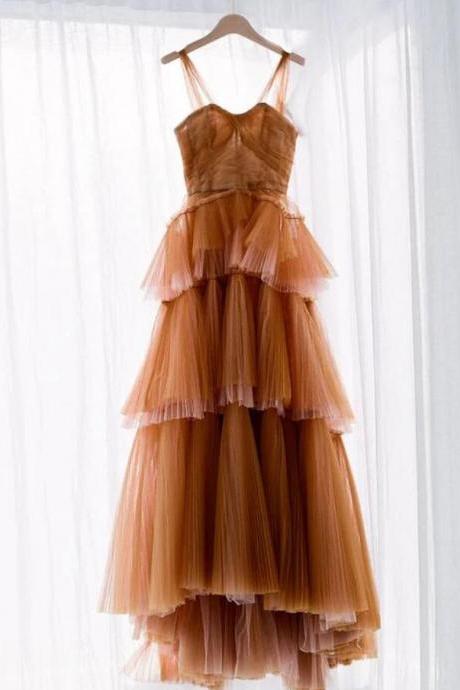 P3782 A Line Long Brown Tulle Prom Dresses
