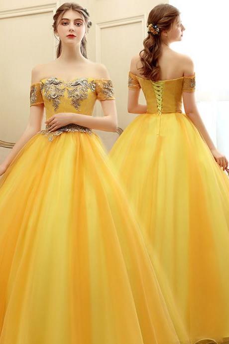 P3784 Off Shoulder Yellow Ball Gown Evening Dresses Women