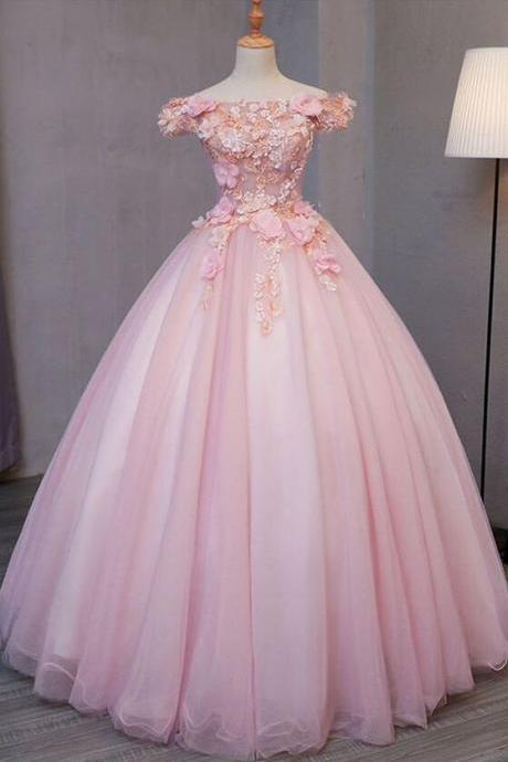 P3786 Off Shoulder Pink Tulle Puffy Long Formal Prom Dress