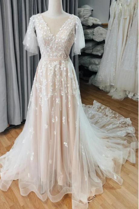 W3793 Vintage Blush A-line Wedding Dress With Flutter Sleeve Lace Appliques