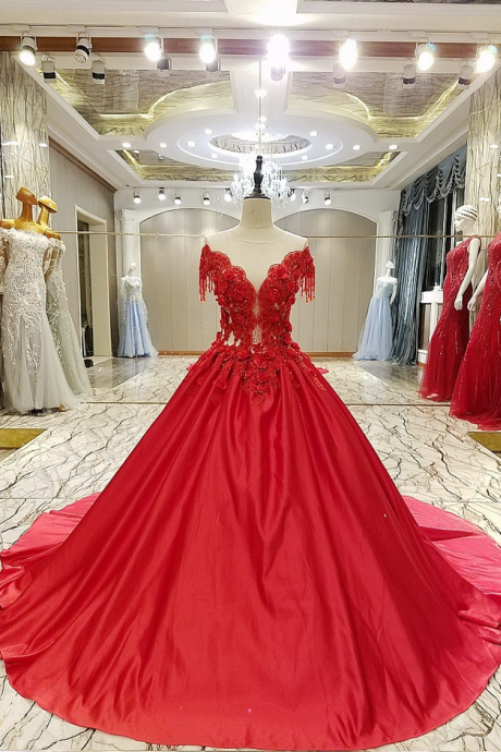 P3795 High-end Luxury Satin Evening Dress Bride Married Red Lace Flower With Beading Sweep Train Long Prom Party Gowns