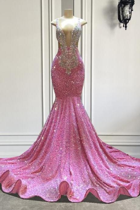 P3798 Pink Prom Dresses, Deep V Neck Prom Dresses, Sparkly Prom Dresses, 2023 Evening Dresses, Mermaid Evening Dresses, 2023 Evening Gowns
