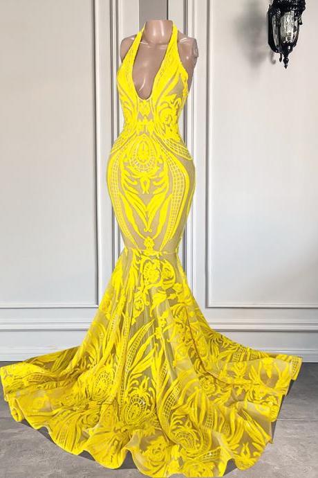 P3761 Yellow Prom Dresses. 2023 Prom Dresses, V Neck Evening Dresses, Court Train Evening Dresses, Lace Formal Dresses, Custom Make Evening Gowns