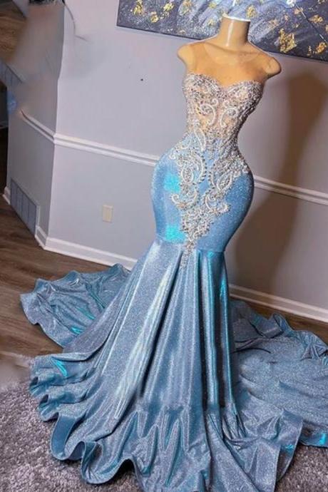 P3800 Light Blue Prom Dresses, Crystal Evening Dresses, Sequins Evening Gowns, Mermaid Prom Dresses, Court Train Evening Dresses, Beaded Evening