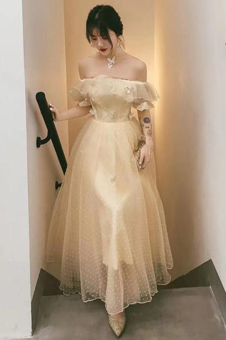 P3803 Off Shoulder Prom Gown, Fairy Birthday Dress, Chic Midi Dress, Champagne Bridesmaid Dress